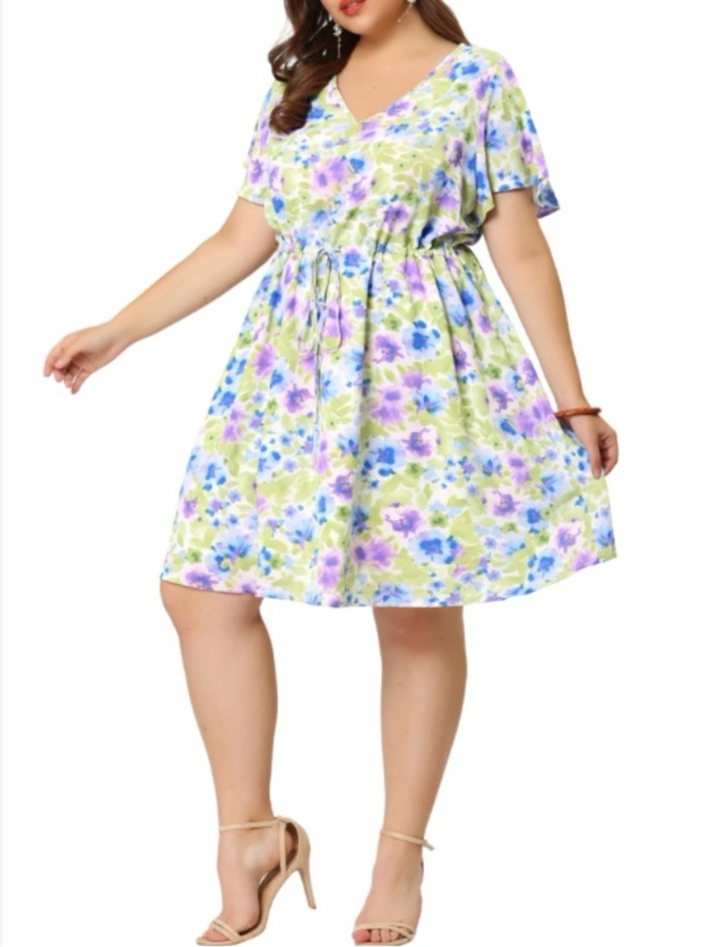Agnes Orinda Women Plus Size V-Neck Floral Summer Dress in Light Green, Size 4X